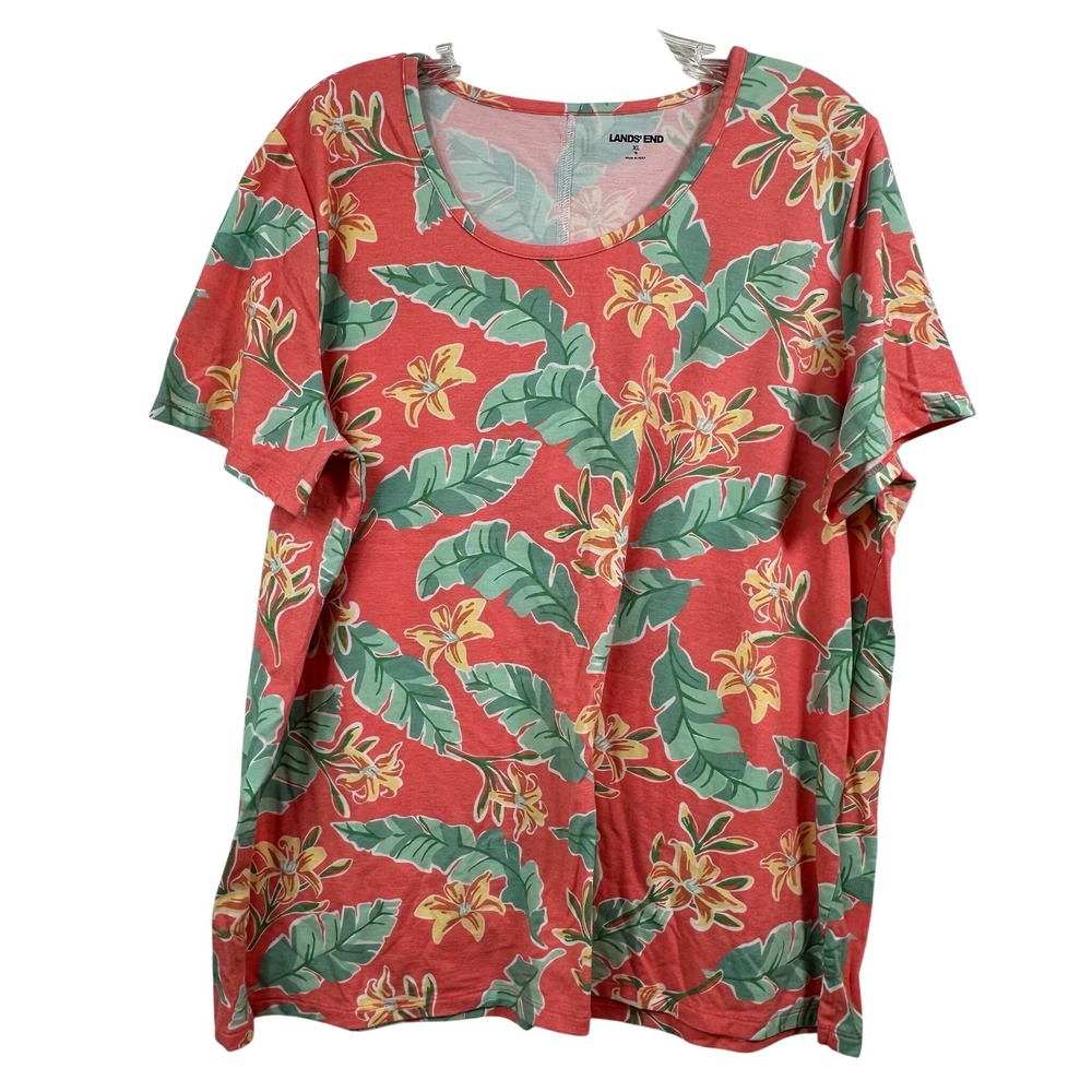 Lands End Womens XL 18 Tropical Floral Scoop Neck Short Sleeve T-Shirt Coral